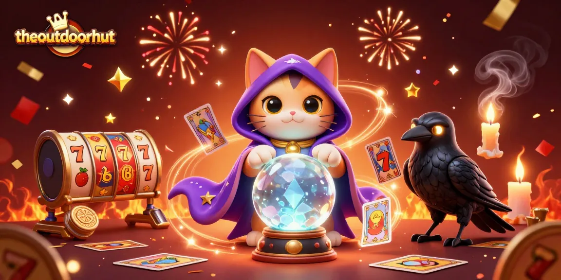 The outdoorhut casino scene showcases a mystical cat and raven among slot machines and vibrant confetti.