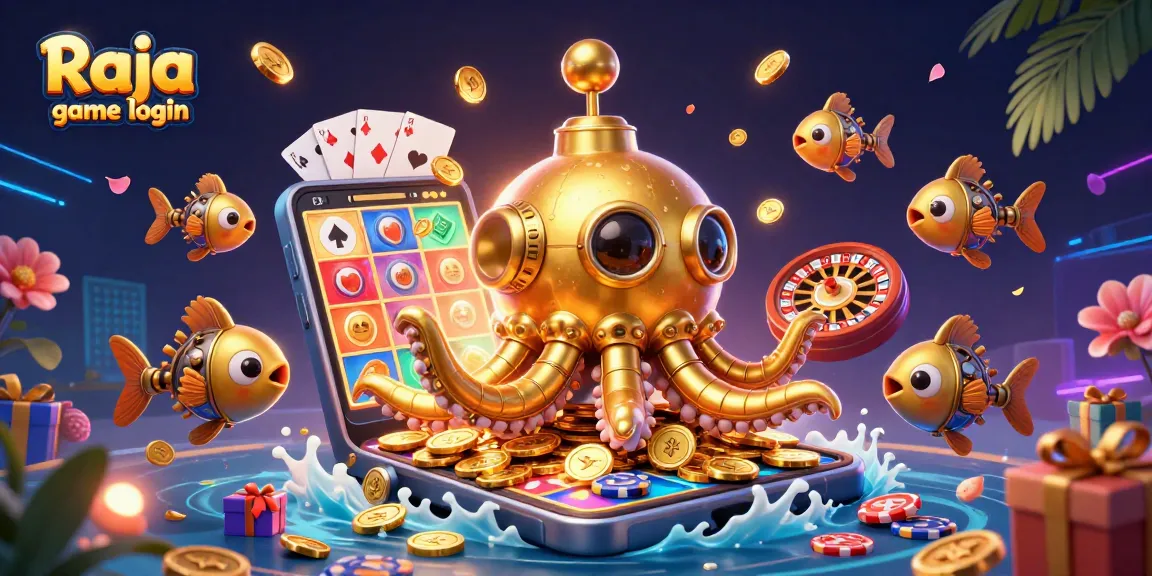 Experience exciting gameplay with Raja game login, as a golden kraken and mechanical fish explore a sea of coins.