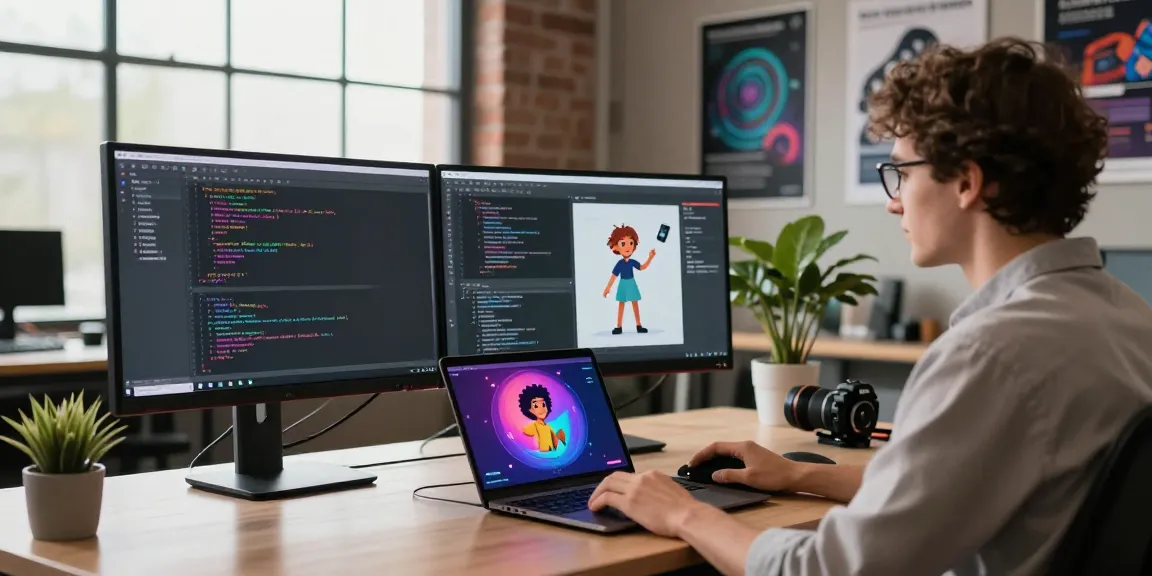 Tavern AI developer crafting engaging digital characters in a modern workspace with dual monitors and creative tools.