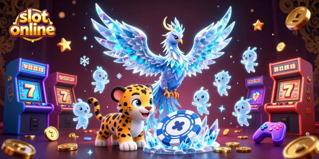 Experience the thrill of slot online with a vibrant 3D illustration of a phoenix, leopard cub, and dazzling sprites.