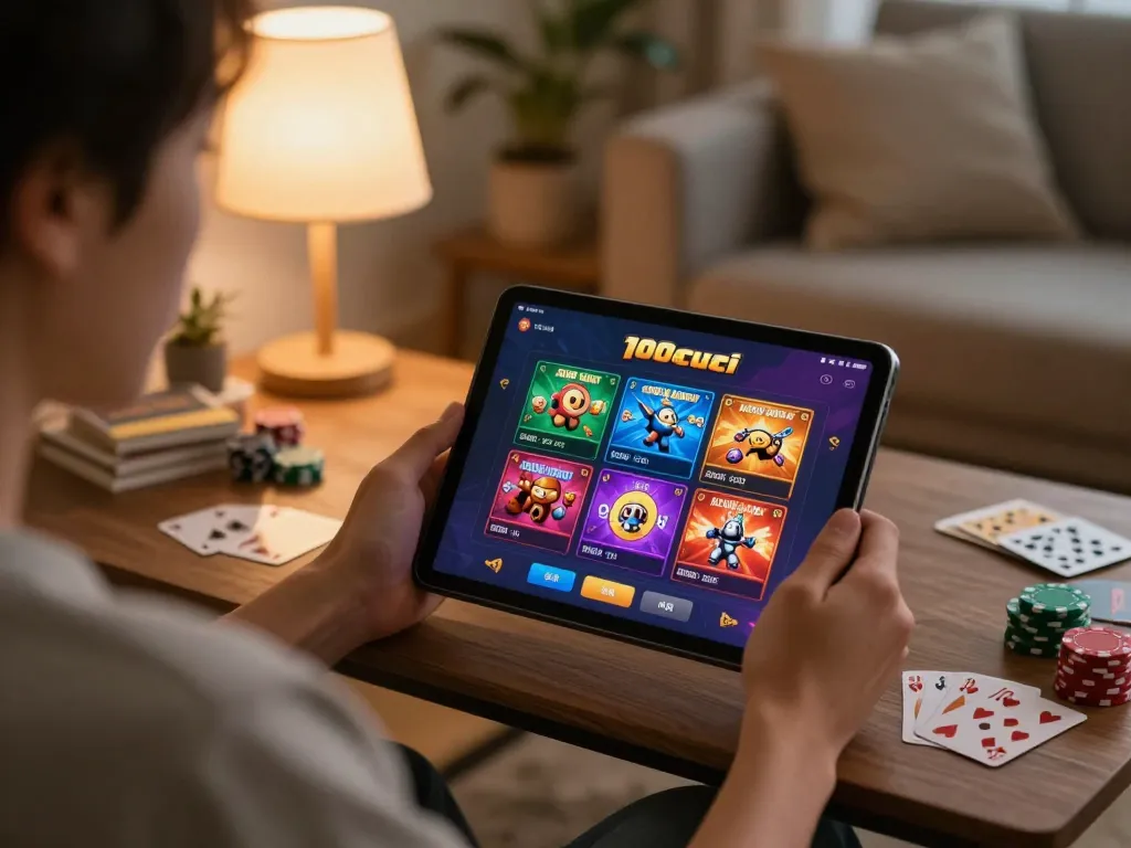Situasi menarik menggunakan 100cuci 88 login pada tablet di rumah, menunjukkan permainan kasino dalam talian.
