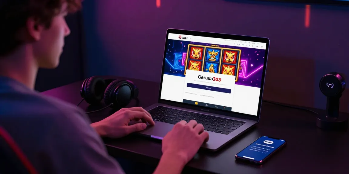 garuda303 login screen displayed on laptop in a gaming environment