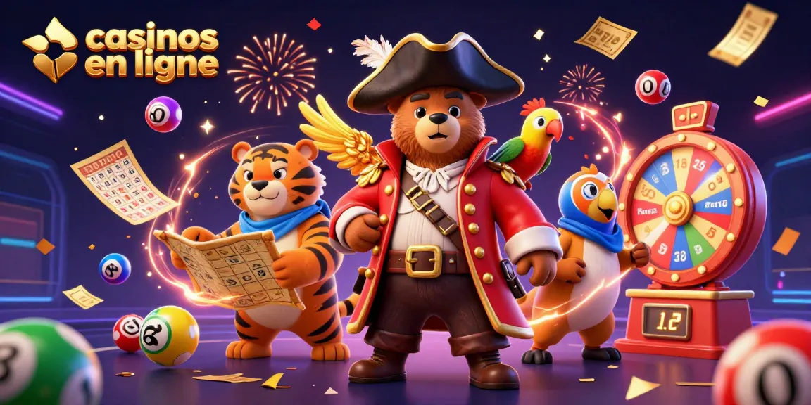 Jouez sur des casinos en ligne avec cette illustration dynamique mettant en scène un ours pirate, un tigre et un perroquet accompagnés d'éléments de jeux.