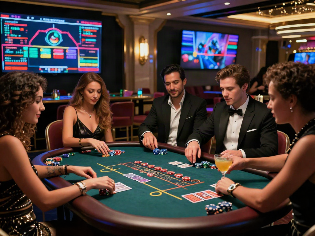 Permainan seru di luxury12, teman-teman bersenang-senang dengan chip kasino di meja mewah.