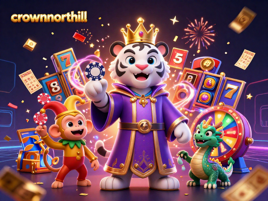 Experience thrilling gameplay with crownnorthill slot features, crowned tiger and playful monkey in vivid casino scene.