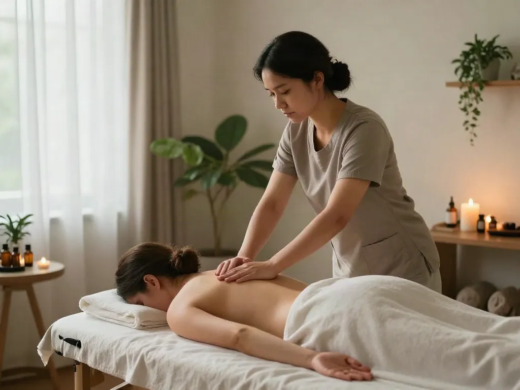Relaxation during 잠실출장마사지 in a serene home setting with calming elements.