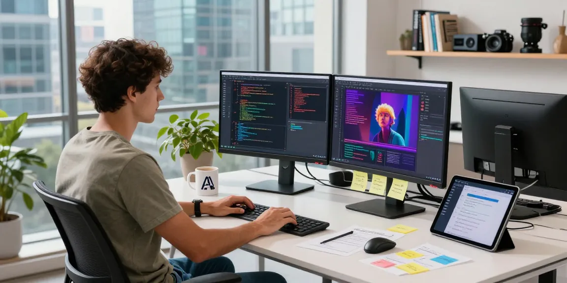 A developer using an image to prompt generator in a modern tech workspace, showcasing vibrant code and a city skyline.