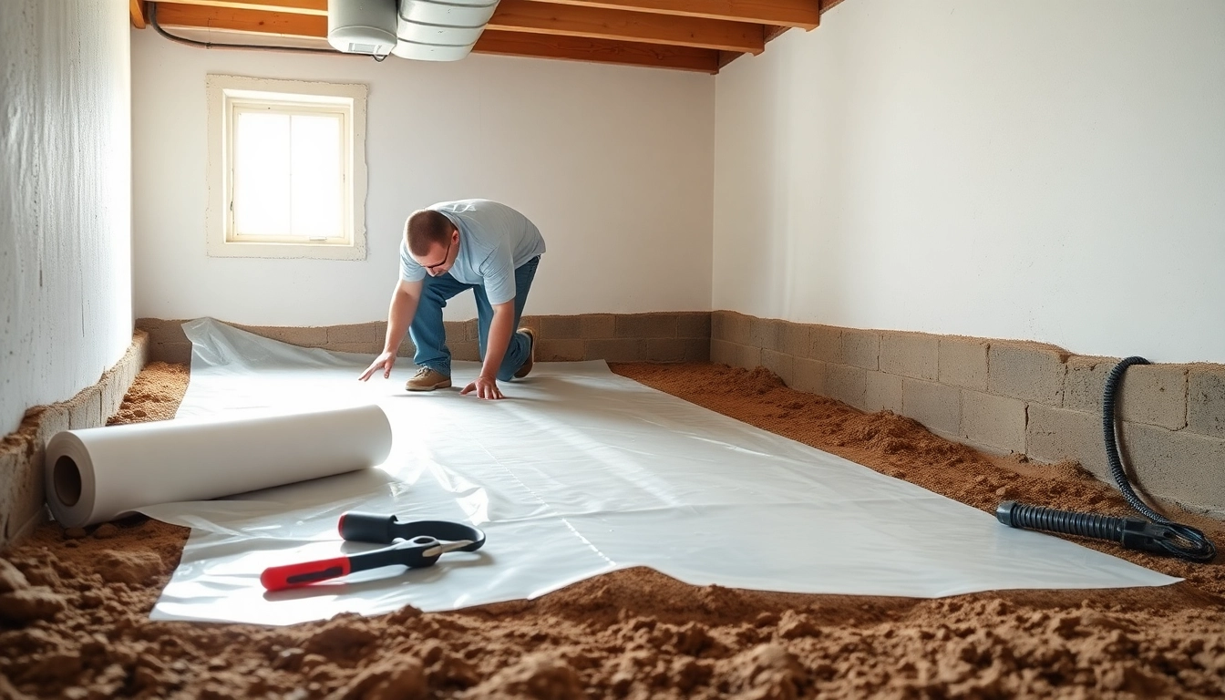 Vapor Barrier Installation process showing a technician expertly laying a barrier in a crawl space.