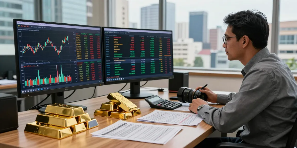 Gold price in Kenya today scene with analyst examining market data amidst financial reports and bullion.