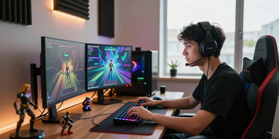 Engaged gamer using cika4d in a vibrant tech workspace with dual monitors and gaming setup.