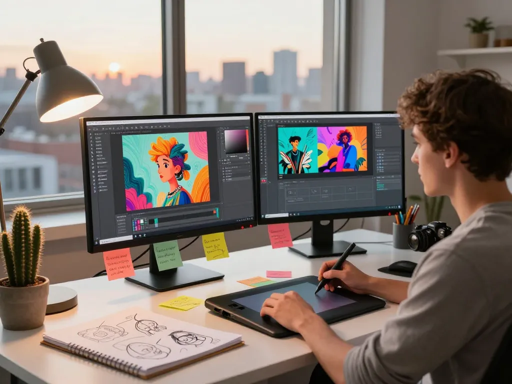 Creating stunning visuals with Nano Banana Pro at a tech workspace.
