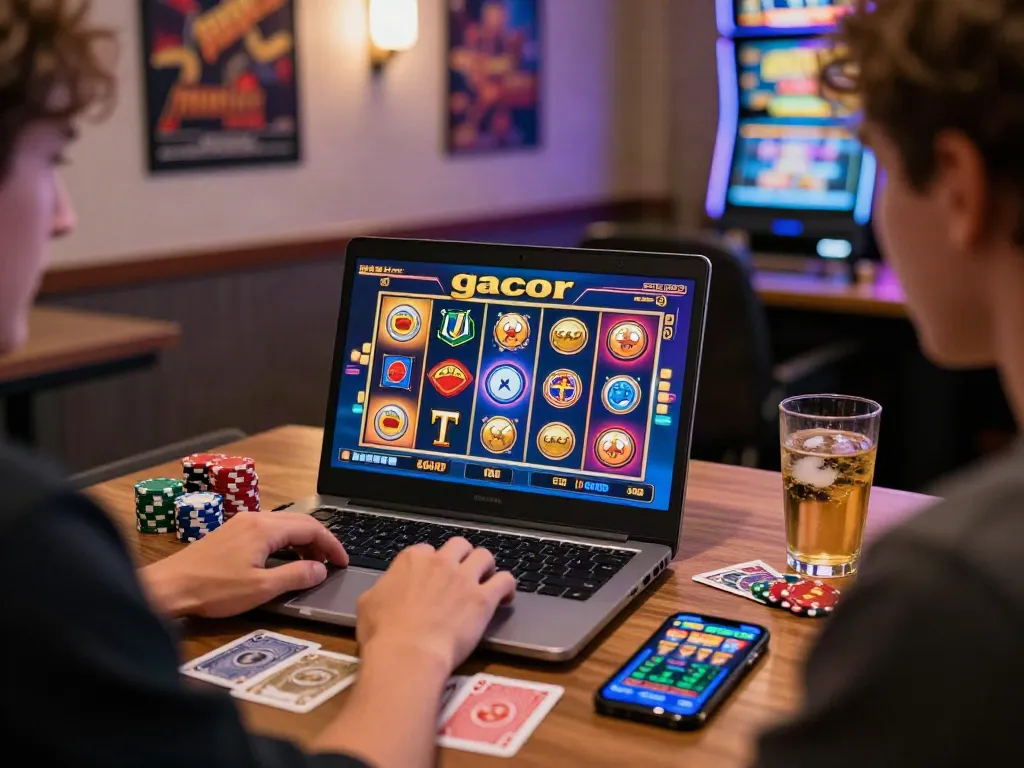 Player engaging with slot gacor game on laptop in a vibrant gaming room.
