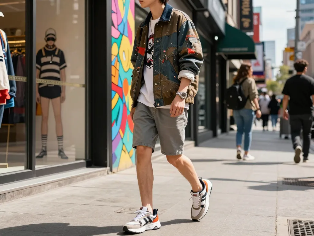 Stylish person showcasing 레플리카 fashion on a vibrant city street, surrounded by boutique storefronts and street art.