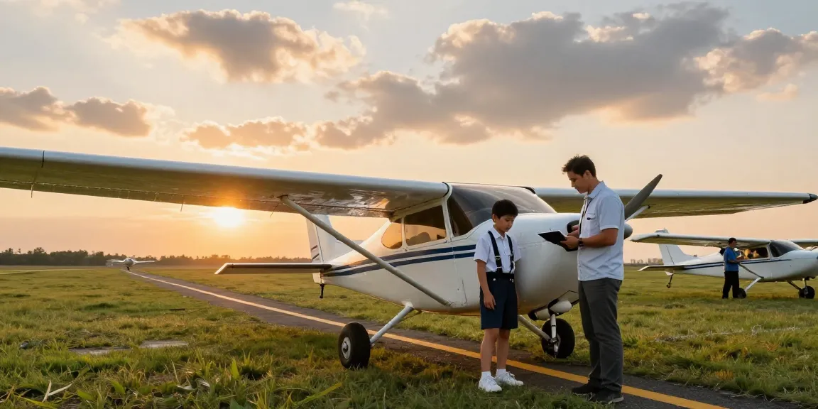 Flight school near me featuring a student pilot and instructor preparing for takeoff at sunset.