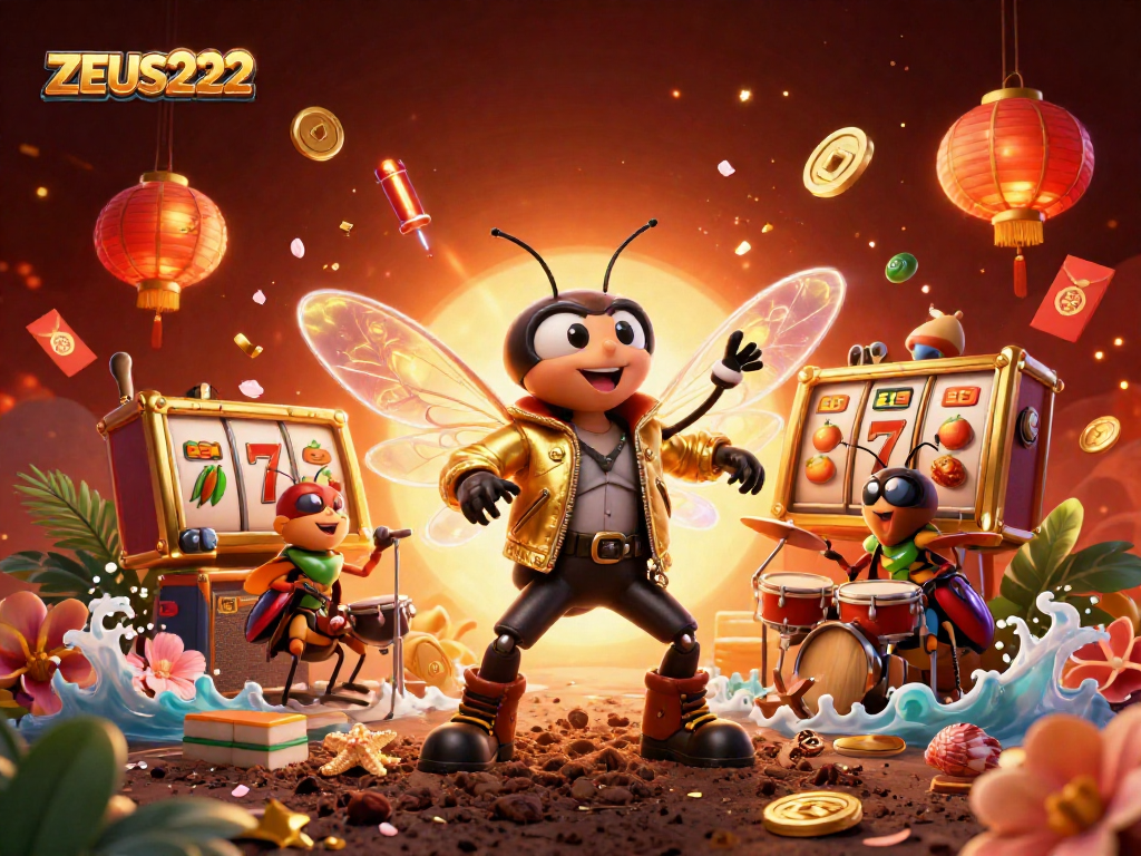 Experience the thrill of ZEUS222's jackpot excitement with a vibrant 3D illustration of dynamic slot game action.