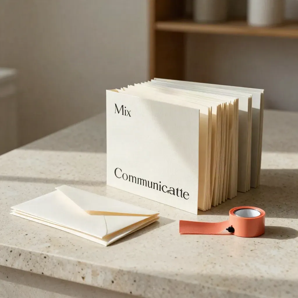 Brand message boards, tabbed booklets and folded envelopes on travertine in soft window light.