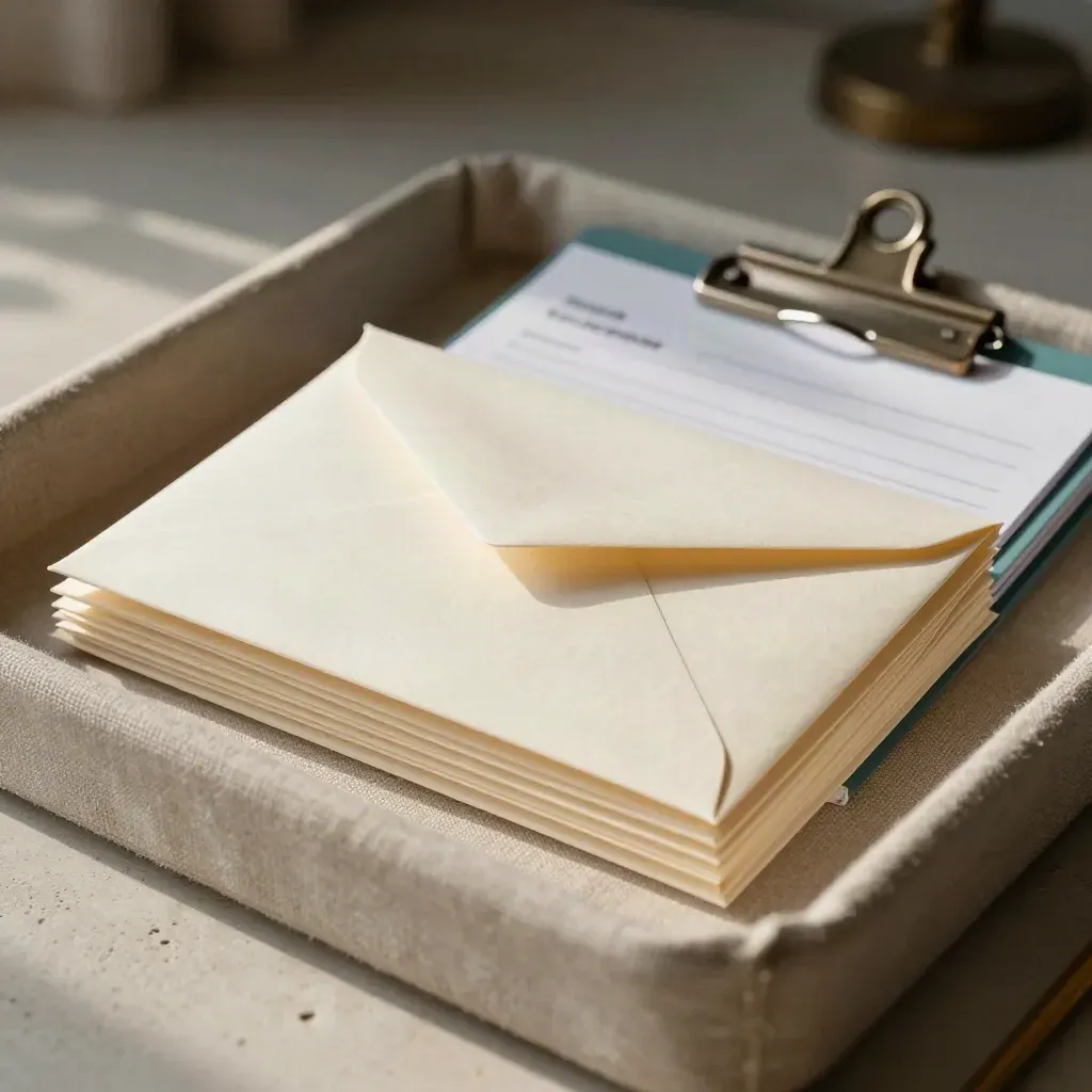 Macro tray of outreach materials: envelopes, contact cards, and pitch notes in warm linen.