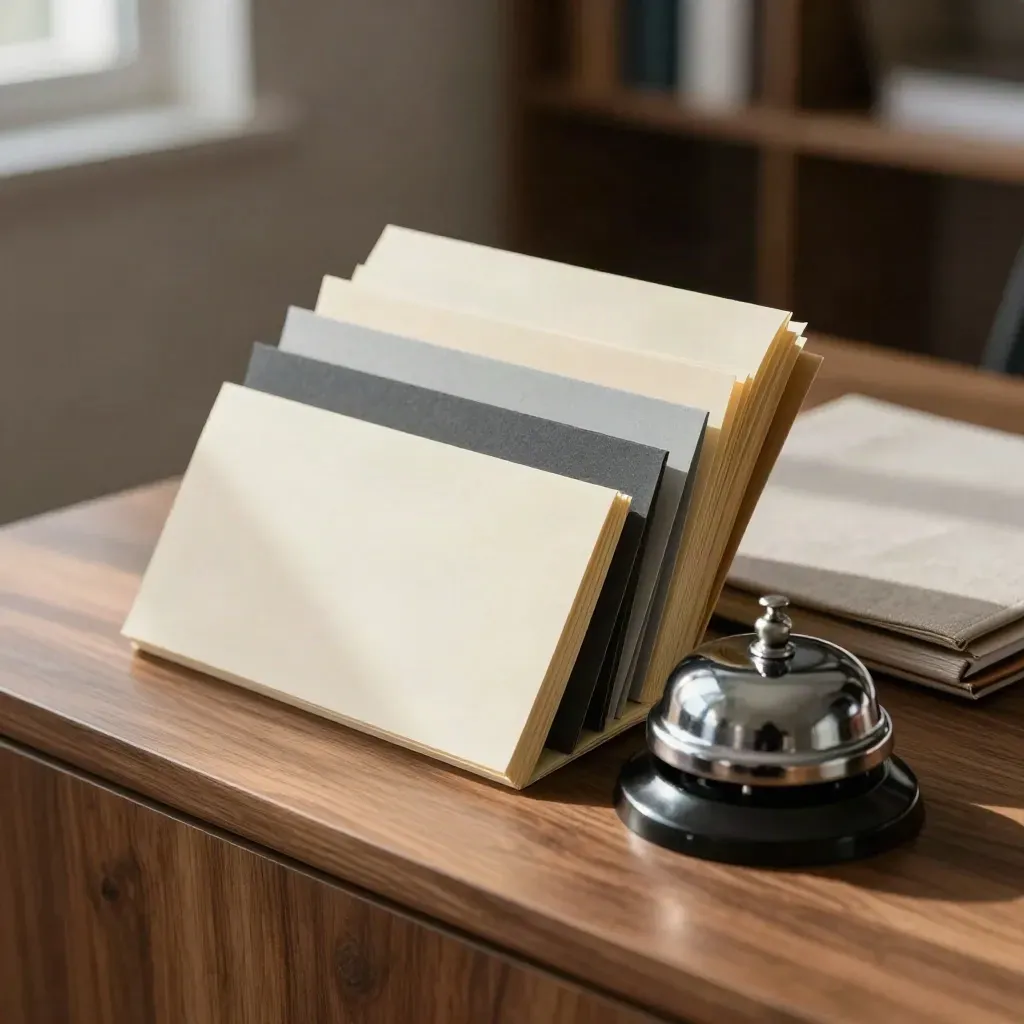 Tabbed memo cards and a closed folder beside a desk bell on a walnut credenza.