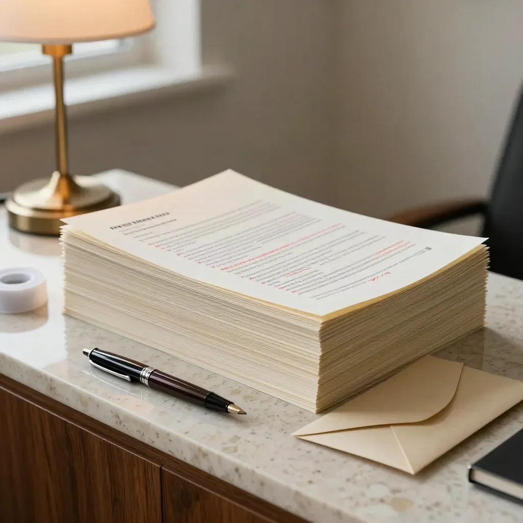 Proof stack, fountain pen, correction ribbon and courier envelope on travertine in warm window light.