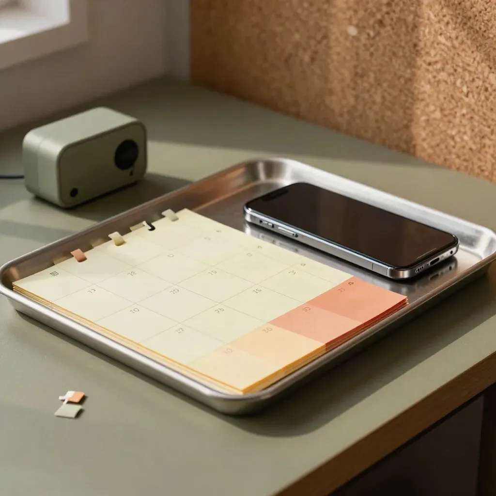 Sticky tabs, muted phone, timer, and channel chips on a dusty olive workbench.