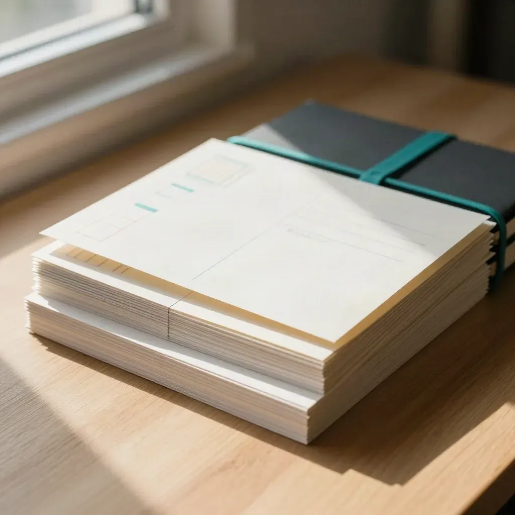Campaign copy pack materials tied together on a warm tabletop in soft window light.