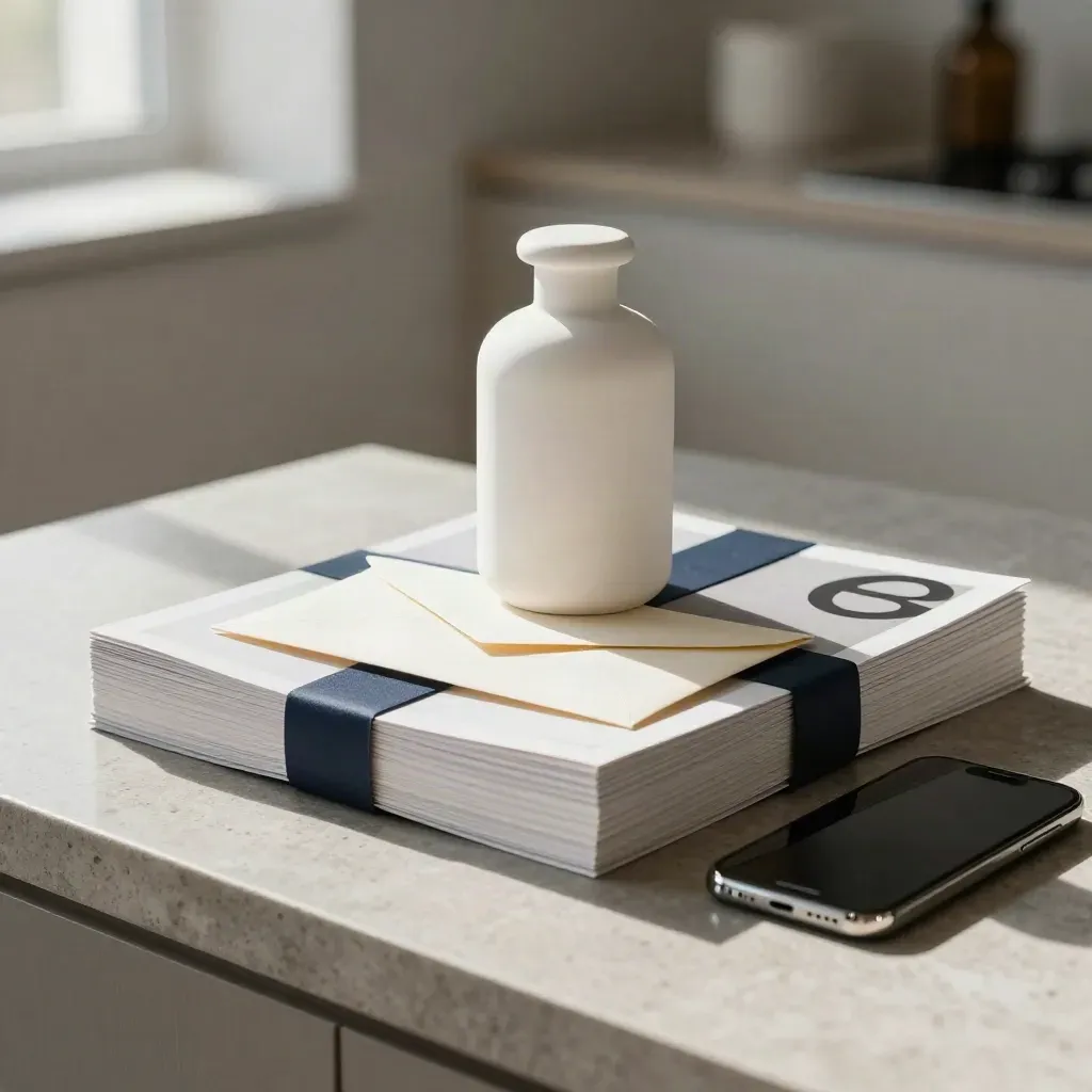 Health-app launch materials beside a white bottle, courier envelope, and phone on stone.