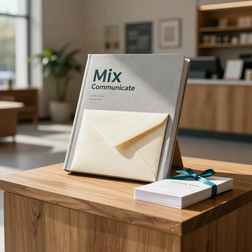 Cloth annual report with donation envelope and thank-you cards on an oak pedestal in warm light.