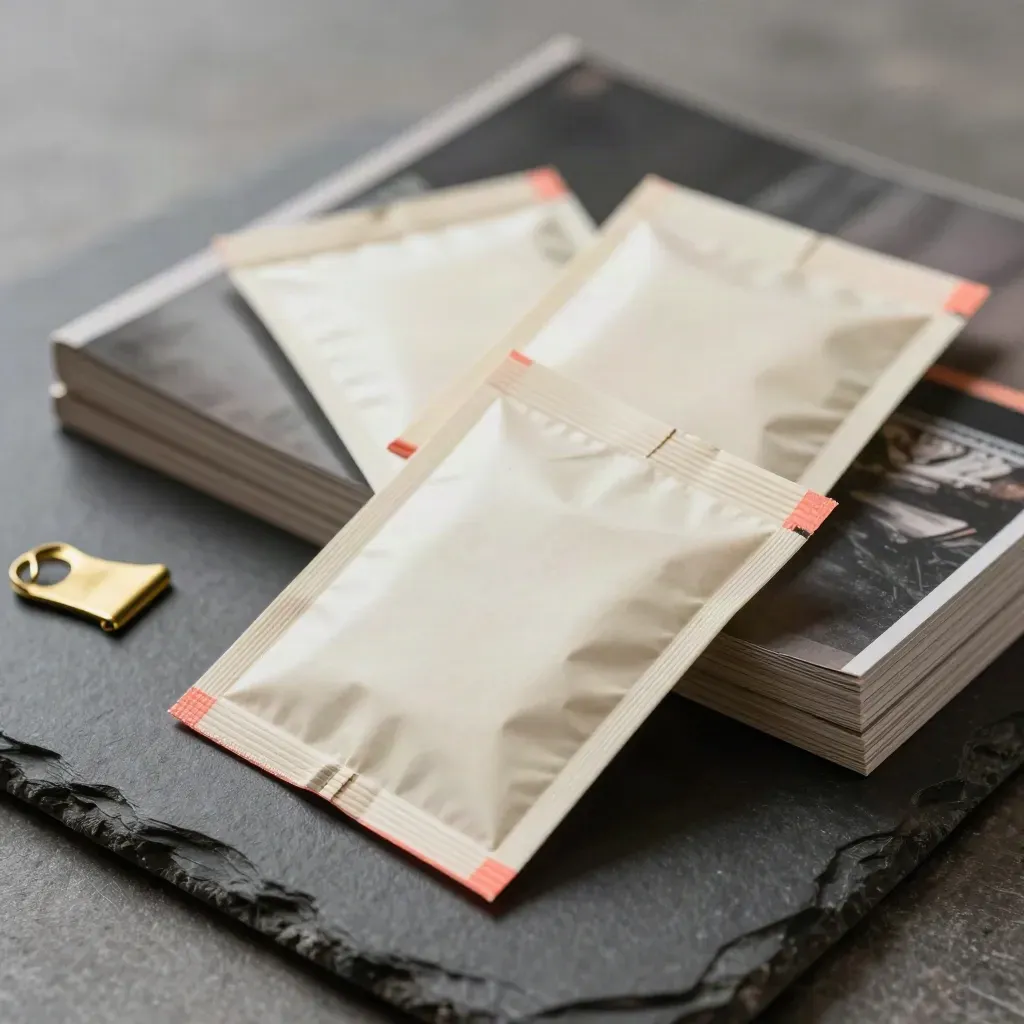 Sealed press packets and magazines on dark stone, one packet mid-slide with a brass clip.