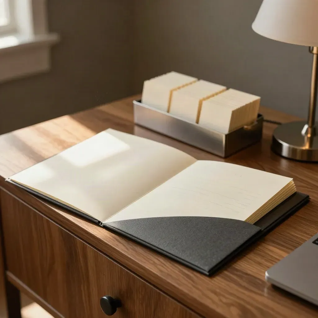 Slate accordion file, blank memo cards, and wall tray in a warm office corner.