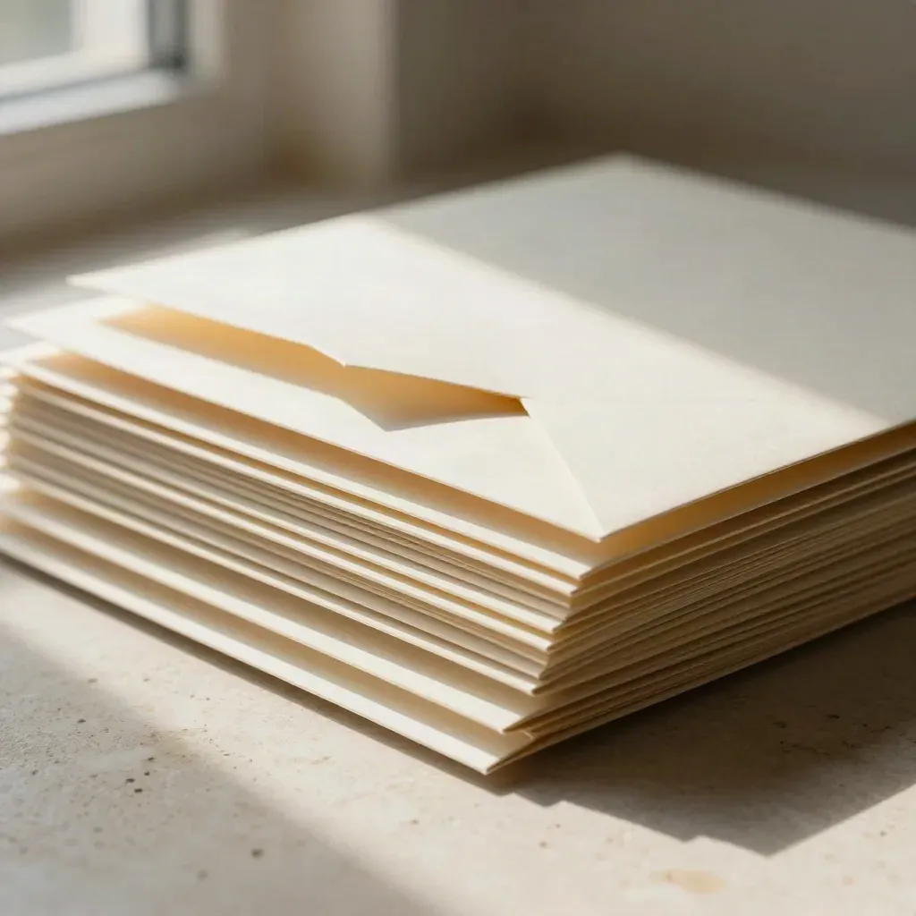 Extreme macro of campaign print materials with folded sleeves, proof folder, and ad cards in ivory and graphite.