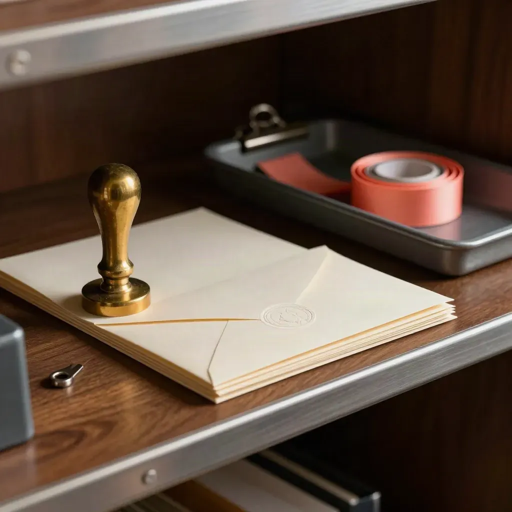 Brass press stamp beside reply envelopes and a media tray with coral ribbon on a walnut shelf.