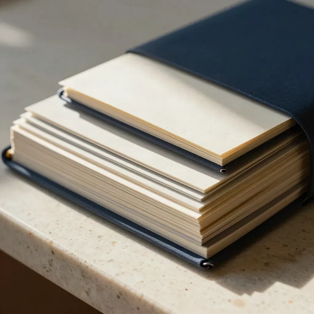 Swatch deck, tabbed strategy notebook and briefing chips on pale travertine.