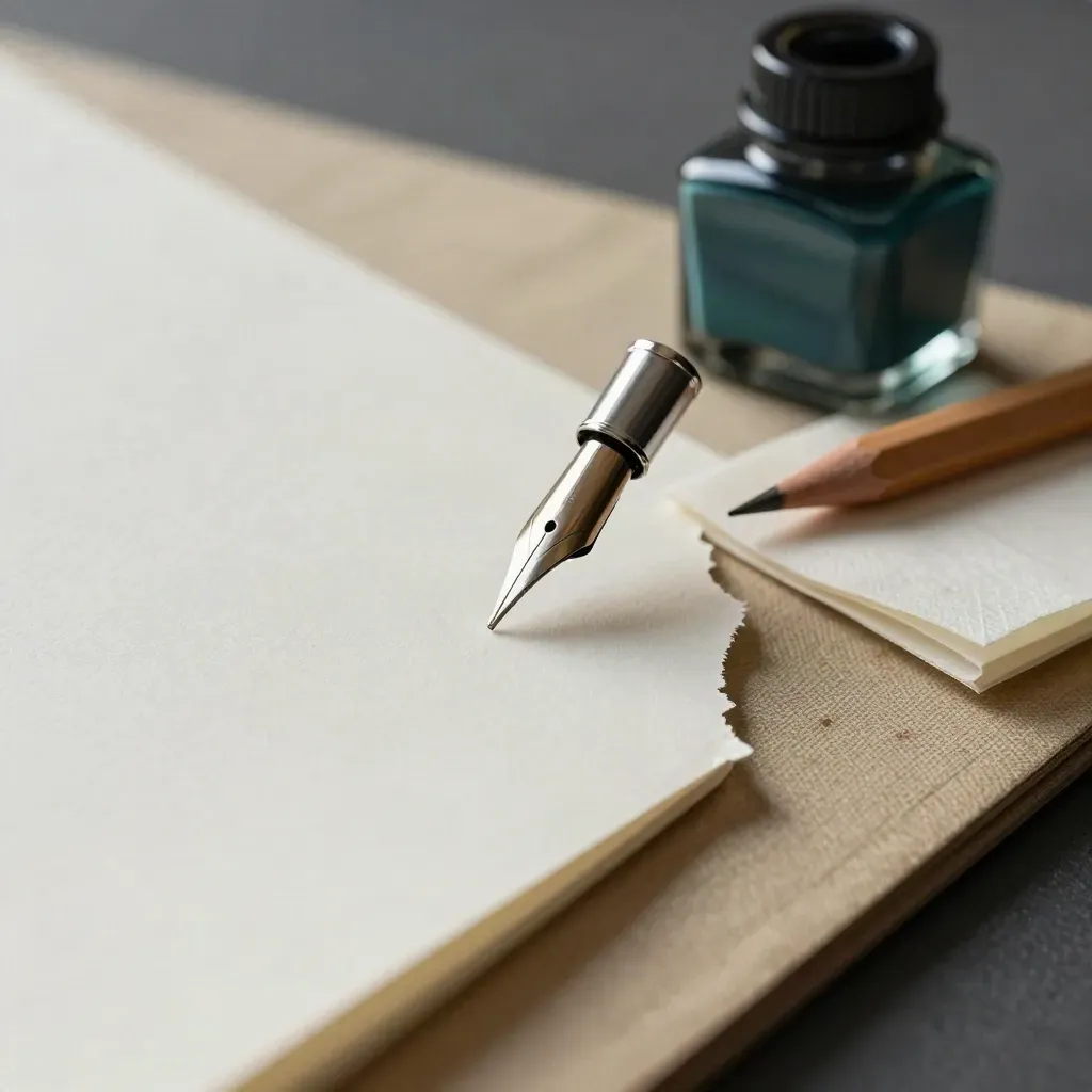 Macro still life of a fountain pen nib, ink bottle, pencil and proof sheets on a linen proofing mat.