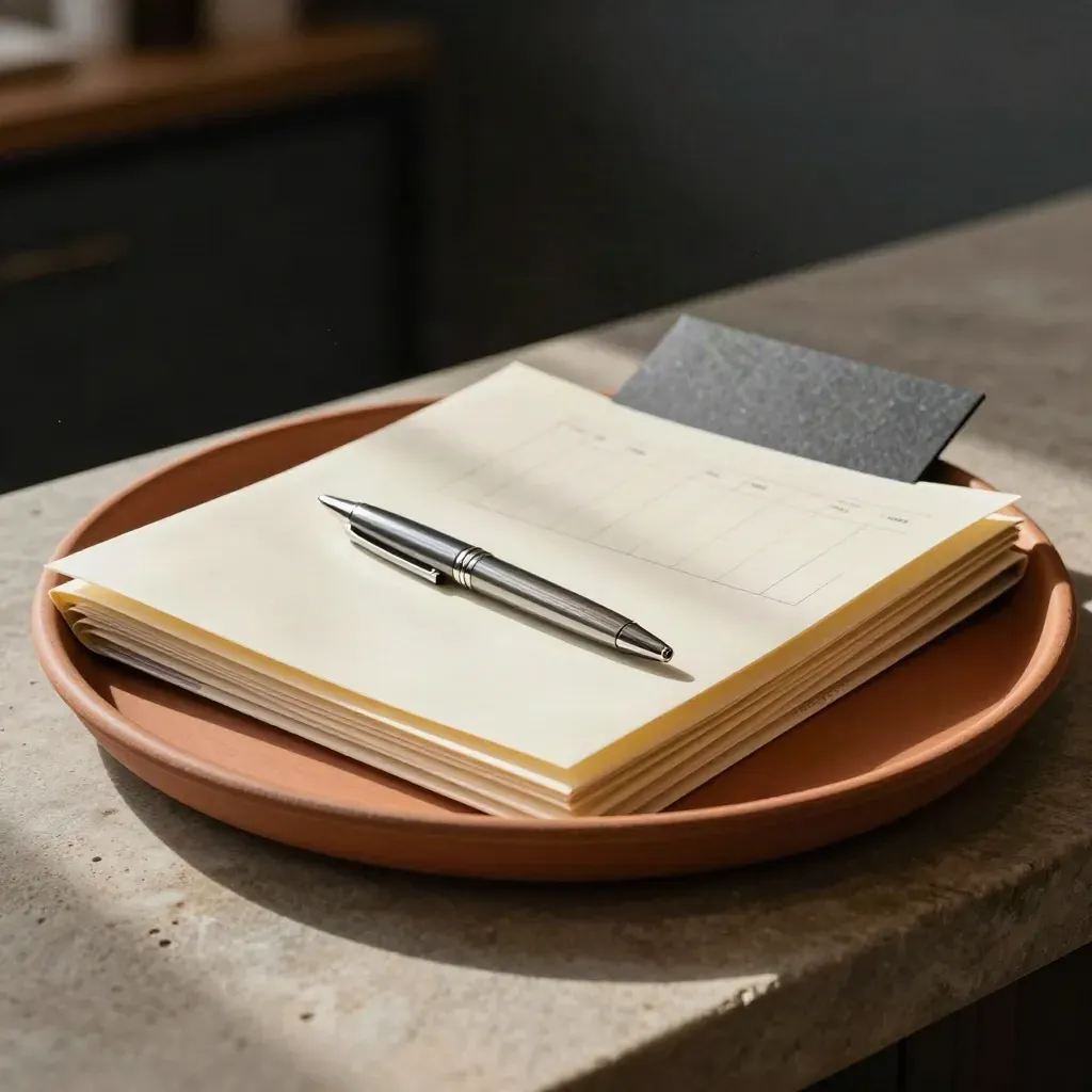 Editorial tray with folders, schedule cards and a polished pen on terracotta stone.