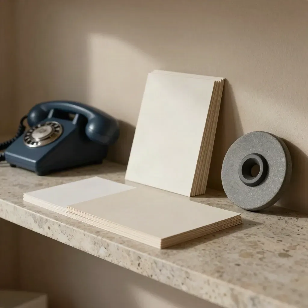 Muted phone, paper swatches, blank cards and a tone wheel on a stone shelf.