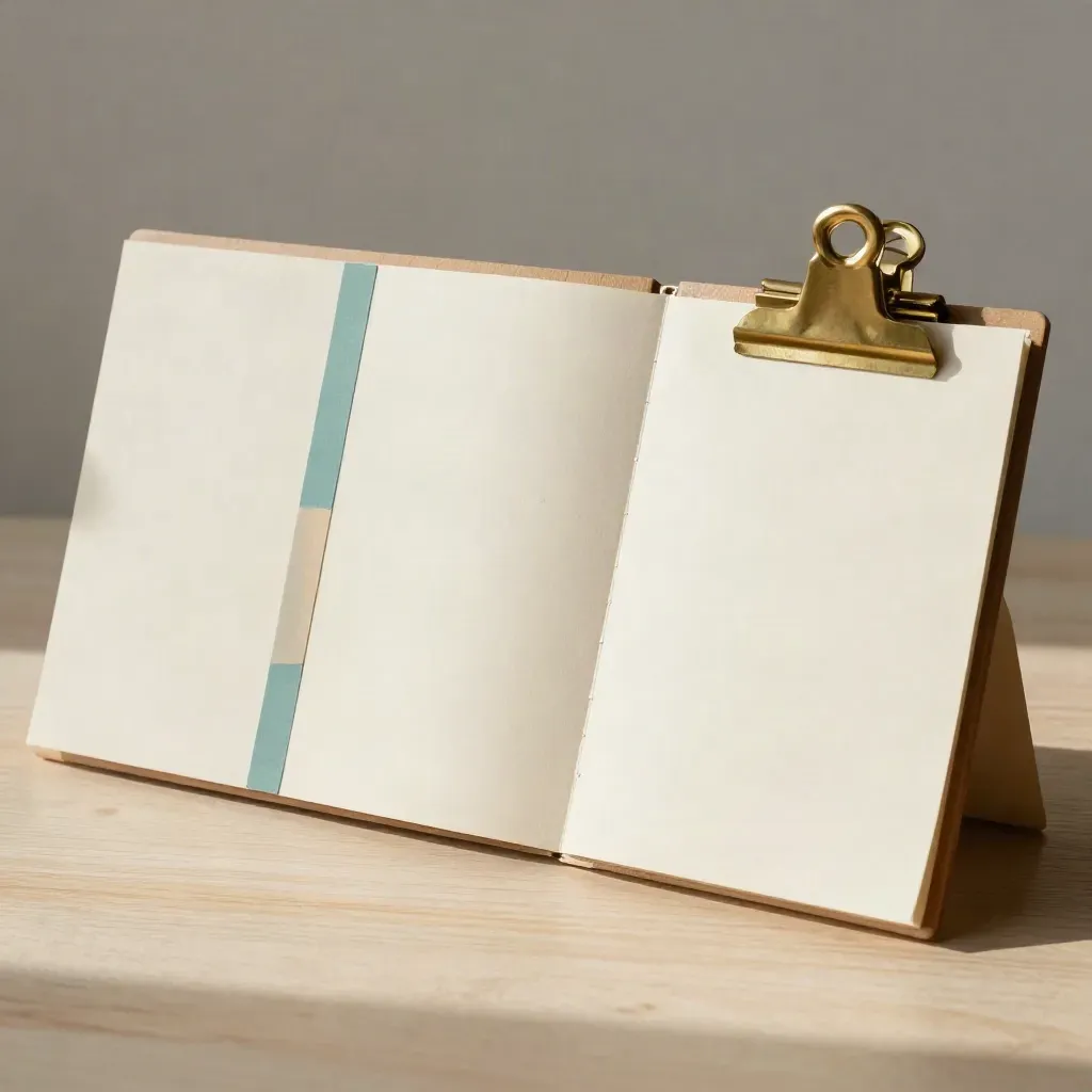 Top-down planning board with teal tabs, brass clip, and pale wood surface.