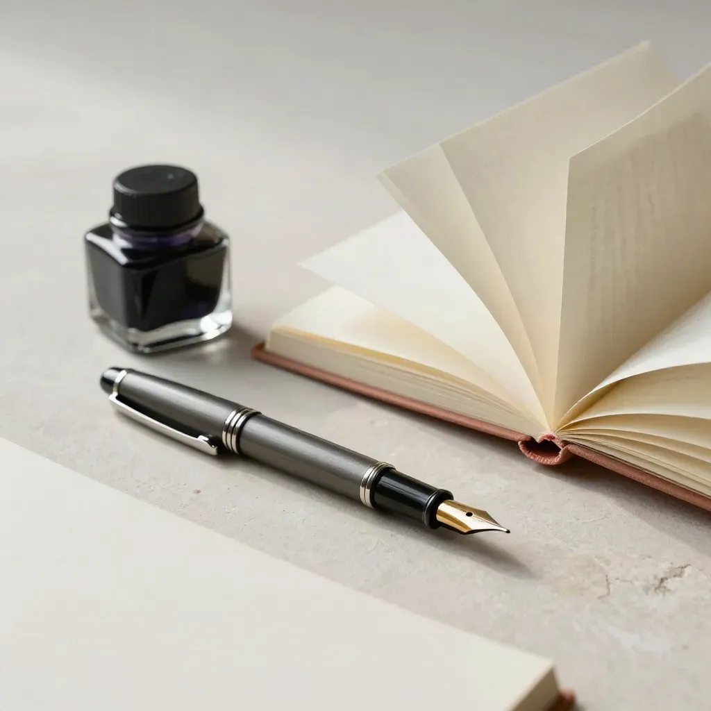 Minimal still life of a fountain pen, ink bottle, and open drafting pad on soft plaster.