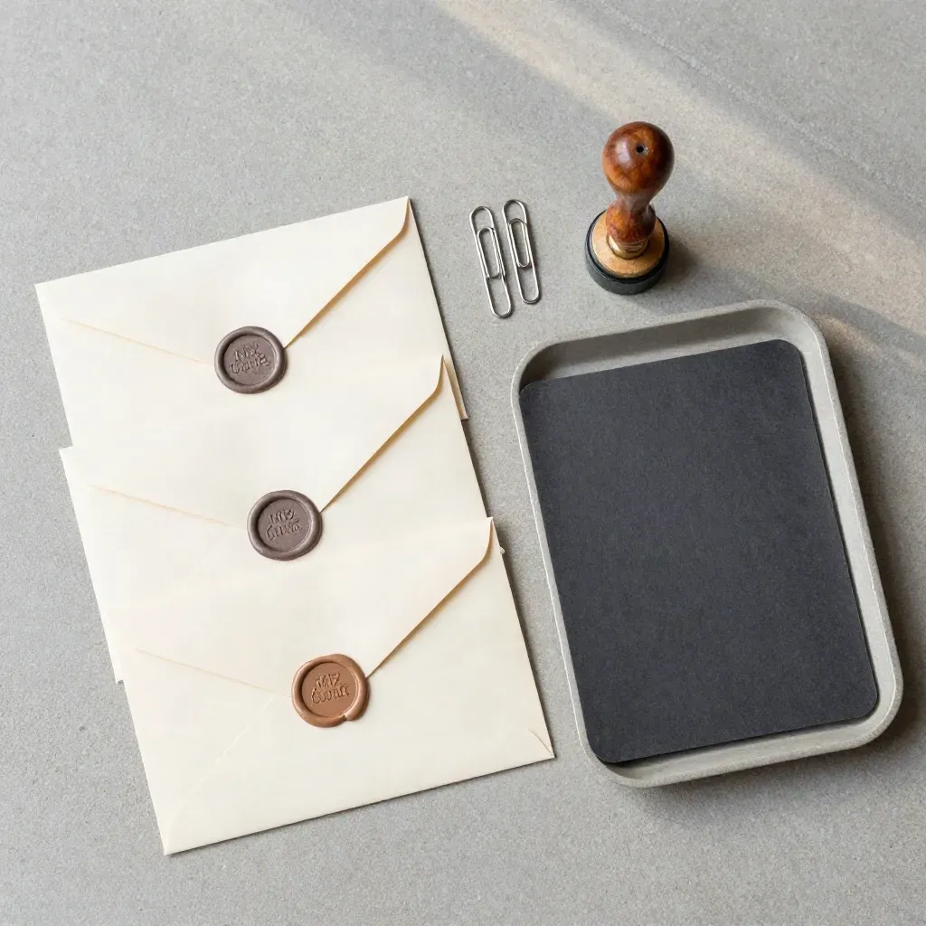 Overhead still life of sealed envelopes, paper clips, stamp, and folder on concrete.