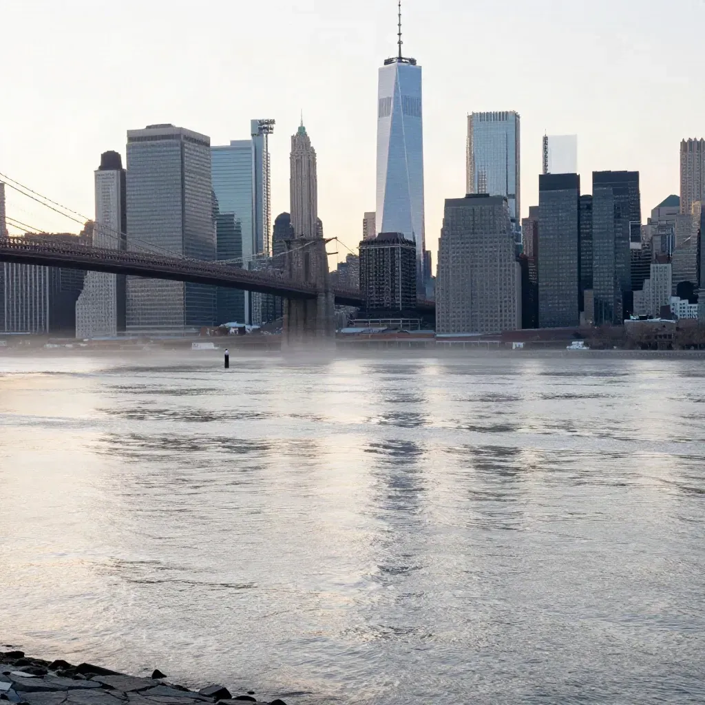 Manhattan skyline at dawn above calm misty river water with bridge lines high