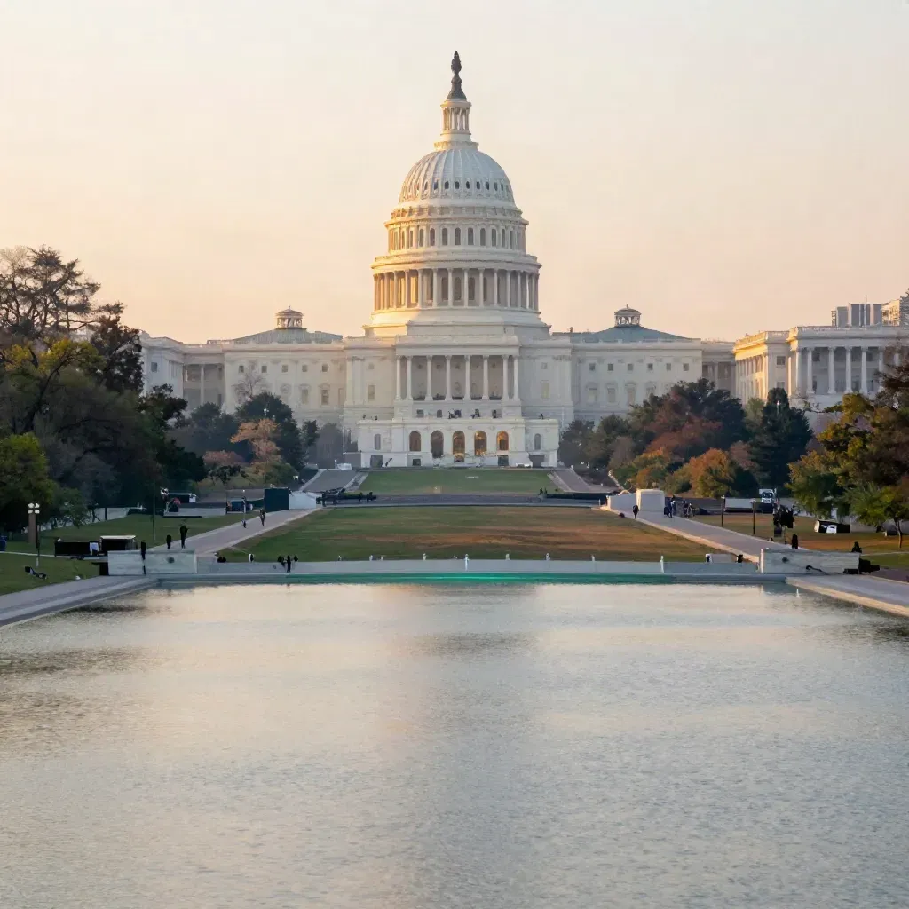 Capitol dome over the Mall at golden hour with haze and reflecting-pool light.