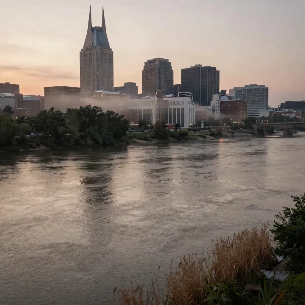 Nashville skyline beyond a river bend at humid dusk, with reeds, haze, and calm water.