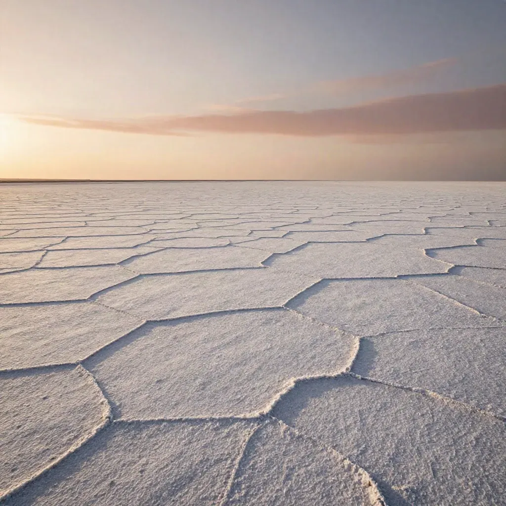 High-desert salt flat under fading light with a faint highway line and vast hazy sky.