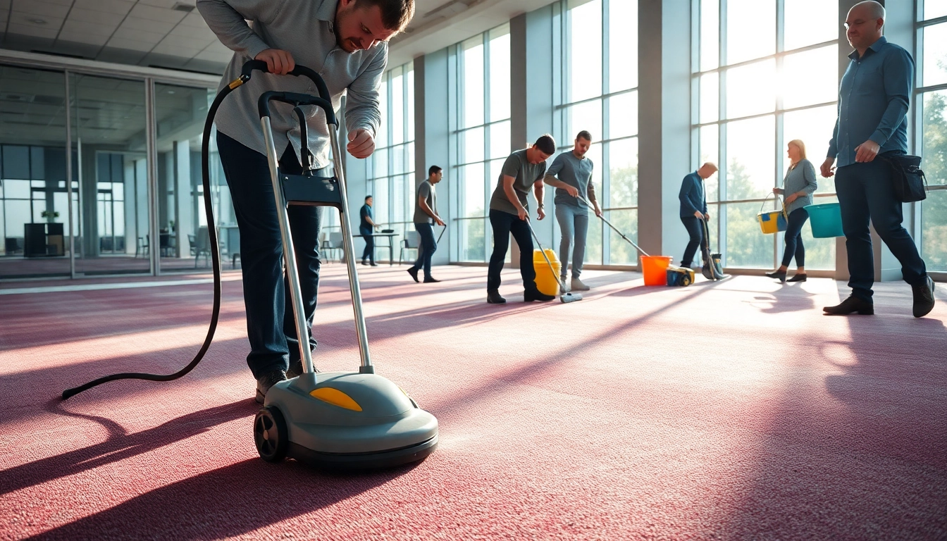 Commercial carpet cleaners effectively cleaning a vibrant office carpet with modern equipment.