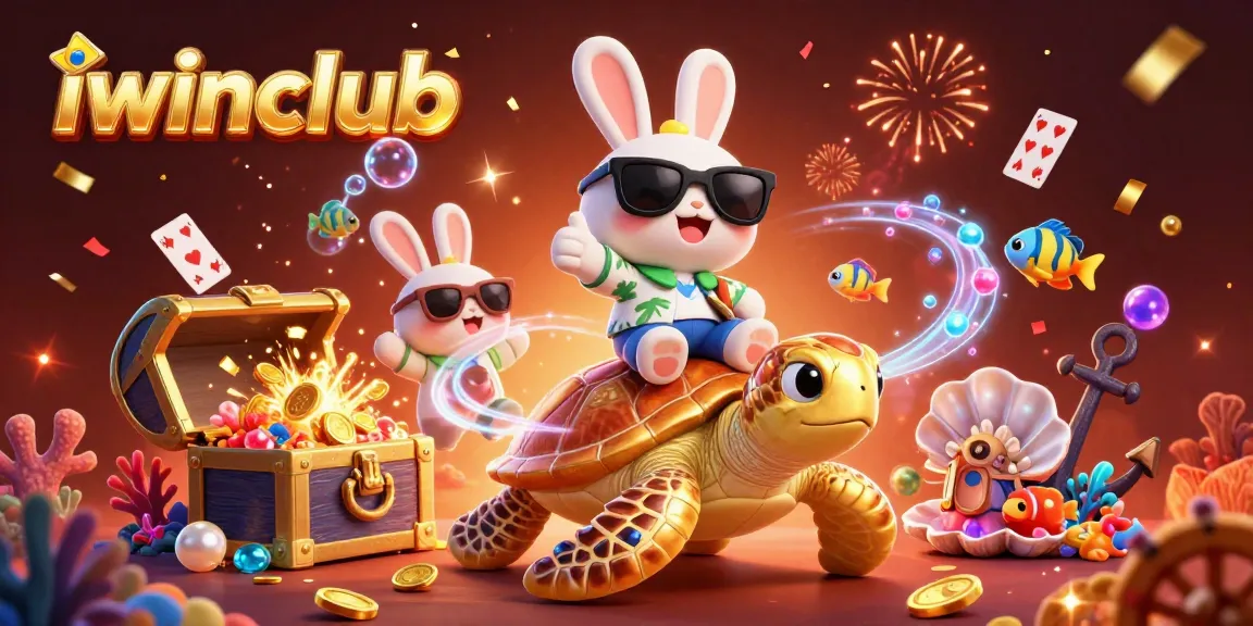 Join the fun with iwinclub as the lucky rabbit rides a golden turtle surrounded by treasure.