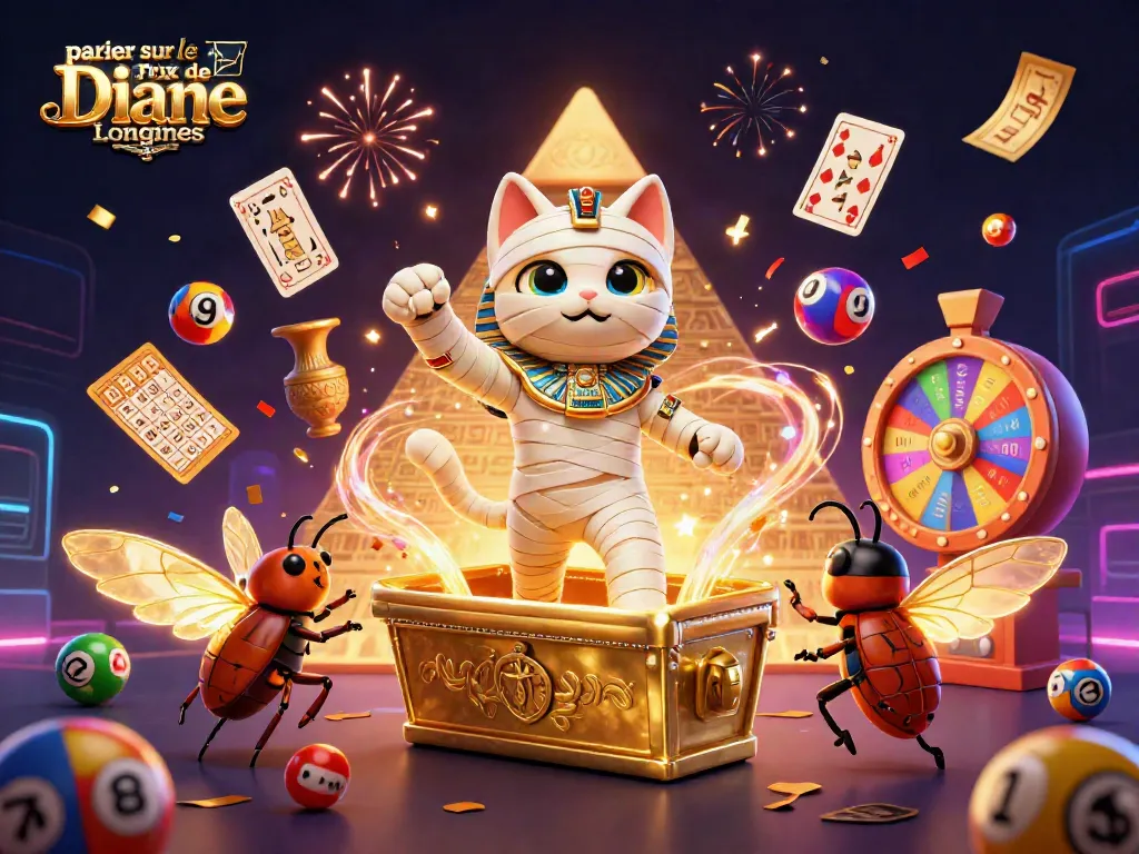 Bet on the Prix de Diane Longines with an energetic 3D illustration of a mummy cat and a scarab beetle.