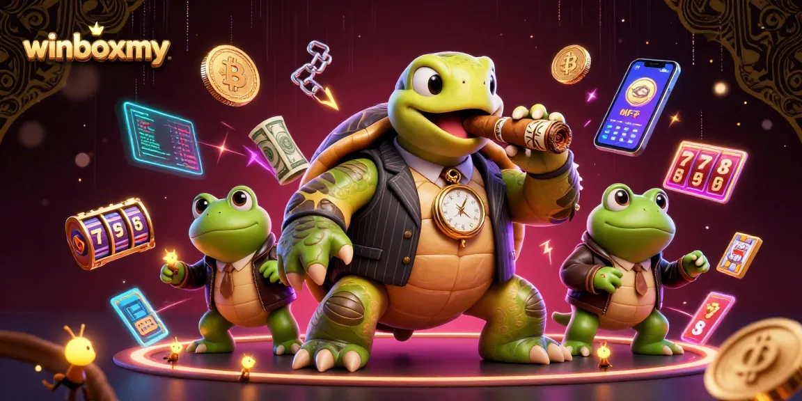 Engage with winboxmy's vibrant casino world featuring a whimsical turtle and bullfrog enforcers.