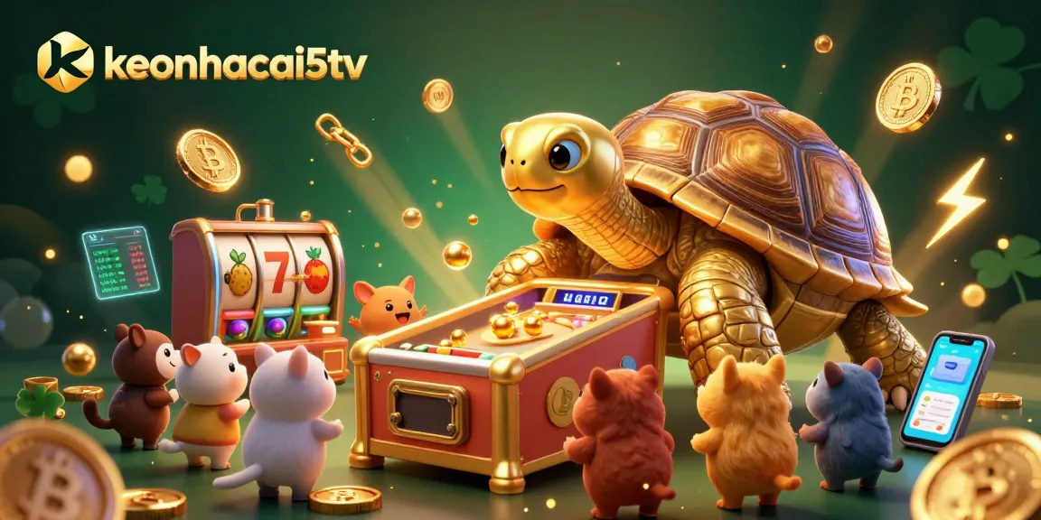 Experience thrilling gameplay with keonhacai5tv, featuring a golden tortoise pinball machine and crypto-themed elements.