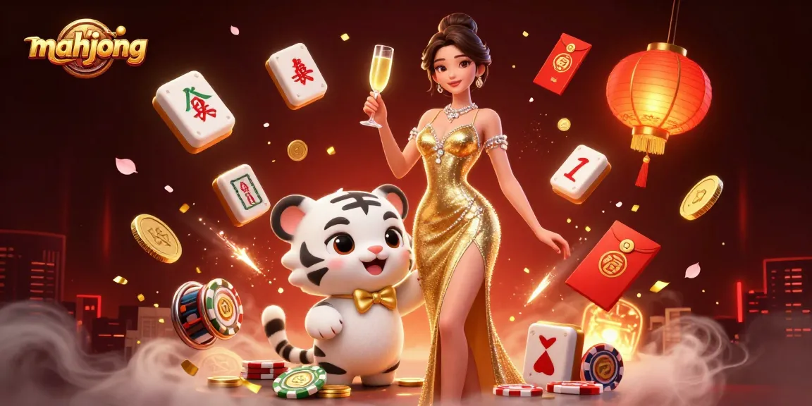 Play mahjong amidst luxurious casino elements with vibrant characters and festive decorations.