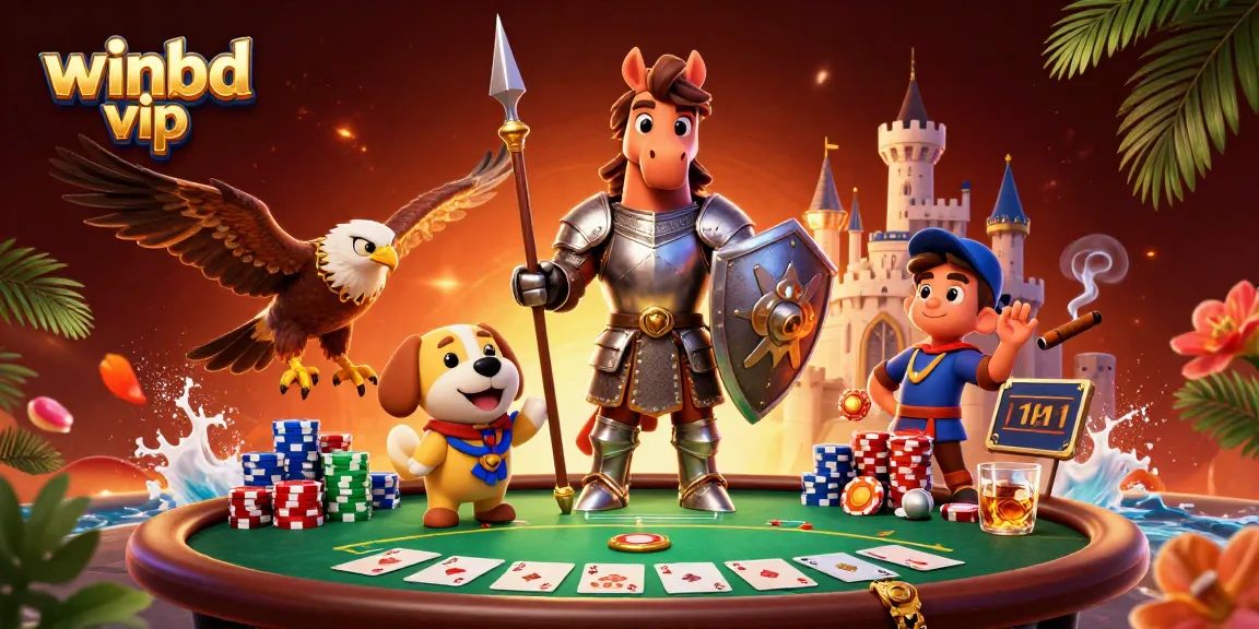 Play exciting games with winbd vip at a dynamic casino scene featuring vibrant poker elements and characters.