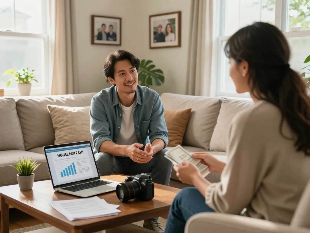Homeowner discussing how to sell my house fast for cash in a cozy living room with a cash buyer.